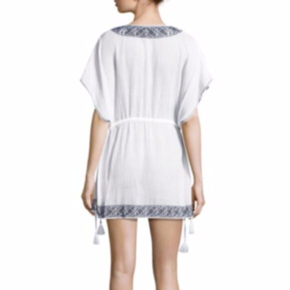 Joie Tunic Beach Dress Coverup M/L White V-Neck Blue Embroidered Cotton Summer - Picture 10 of 11